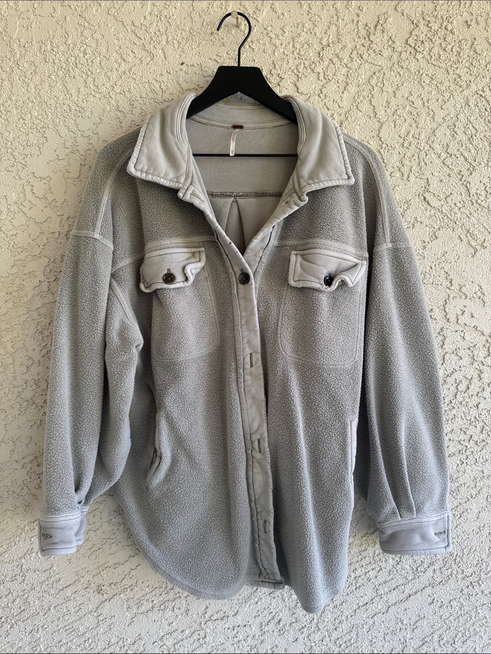 Free People Light Gray Button-Down Shirt Fleece Shacket Size Medium